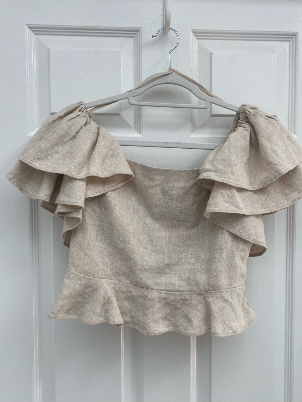 & Other Stories Beige Linen Ruffle Blouse w Peplum Hem & Side Zip - Size 8